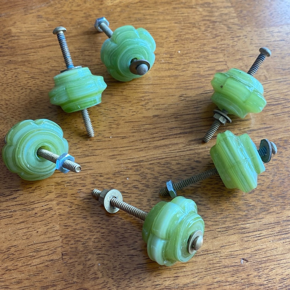 Hardware for drawers or cabinets. Vintage inspired. Light green. Six pieces.